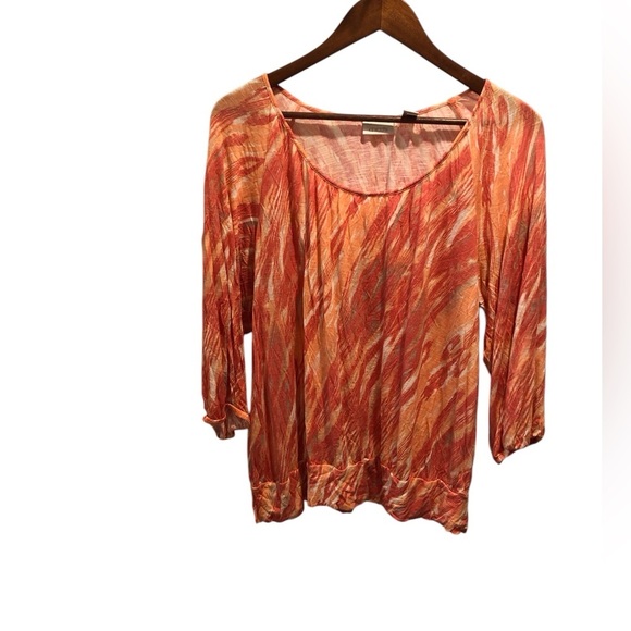 Chicos Sz 3 XL Orange Peach White Beachy Blouse Scoop Neck 3/4 Sleeve - Picture 1 of 3